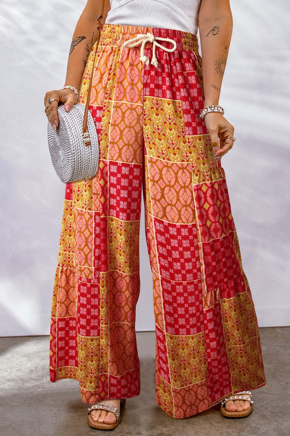 Full Size Drawstring Printed Wide Leg Pants Deep Red