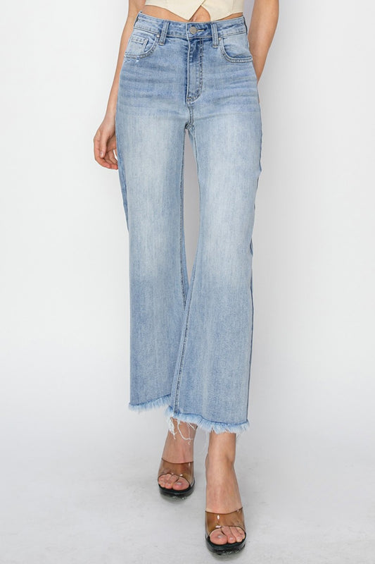 RISEN High Rise Crop Wide Fray Hem Jeans Light