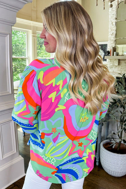 Green Abstract Printed Flounce Sleeve V Neck Buttoned Plus Size Blouse