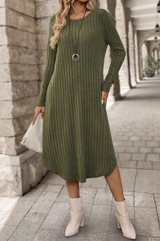 Ribbed Curved Hem Round Neck Long Sleeve Dress Moss