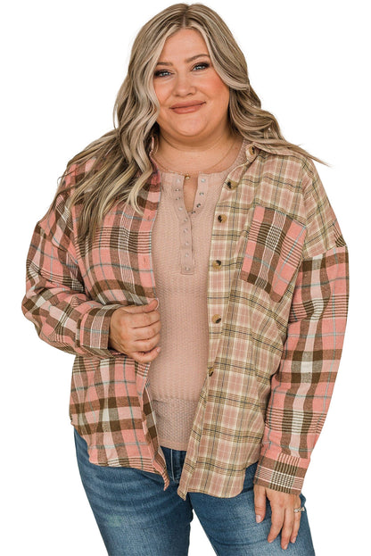 Pink Plus Size Color Block Plaid Long Sleeve Shirt with Pocket