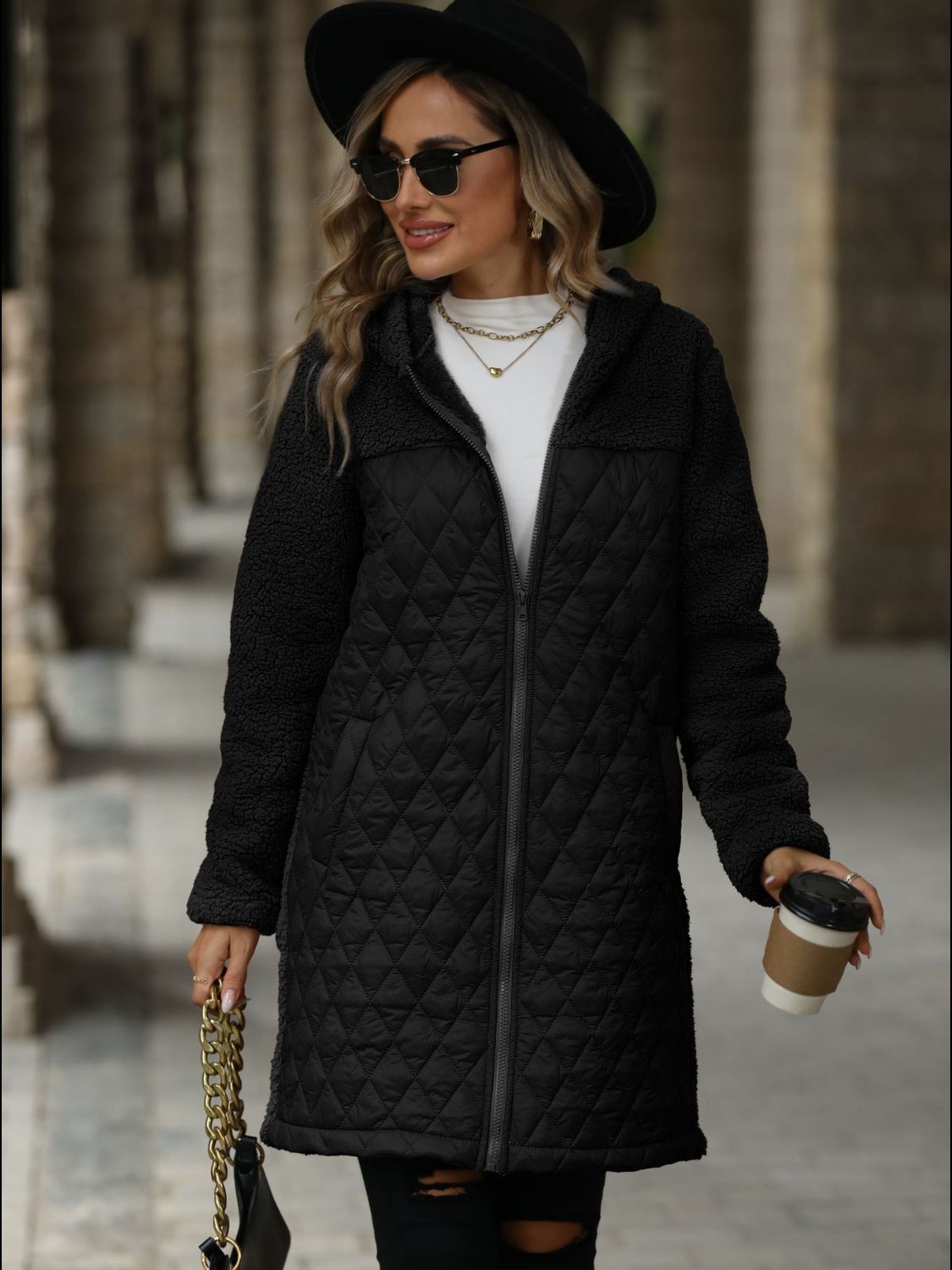 Texture Zip Up Long Sleeve Hooded Coat Black