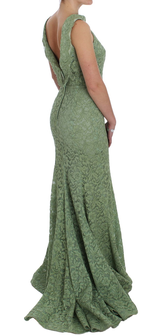 Dolce & Gabbana Elegant Green Floral Lace Maxi Dress