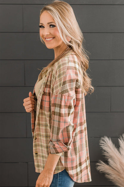 Pink Plus Size Color Block Plaid Long Sleeve Shirt with Pocket