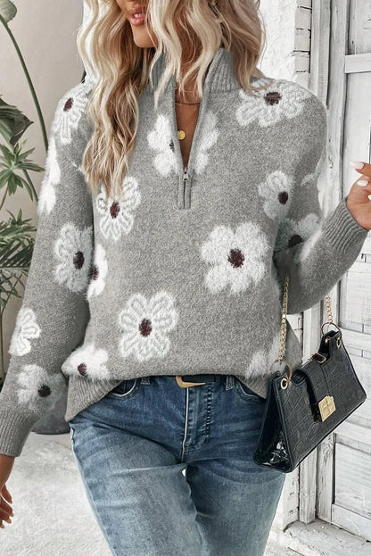 Flower Half Zip Long Sleeve Sweater Gray