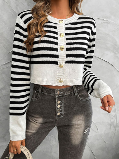 Devine Striped Round Neck Button Down Cardigan Black White