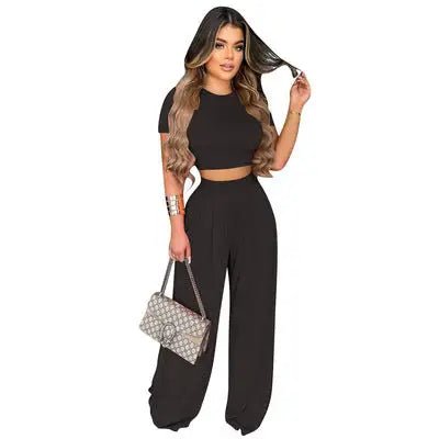 Casual Crop Top Set Black Extra Extra Large