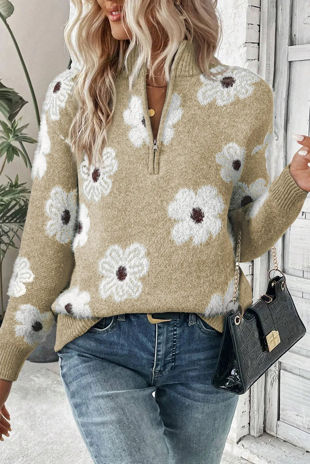 Flower Half Zip Long Sleeve Sweater Tan