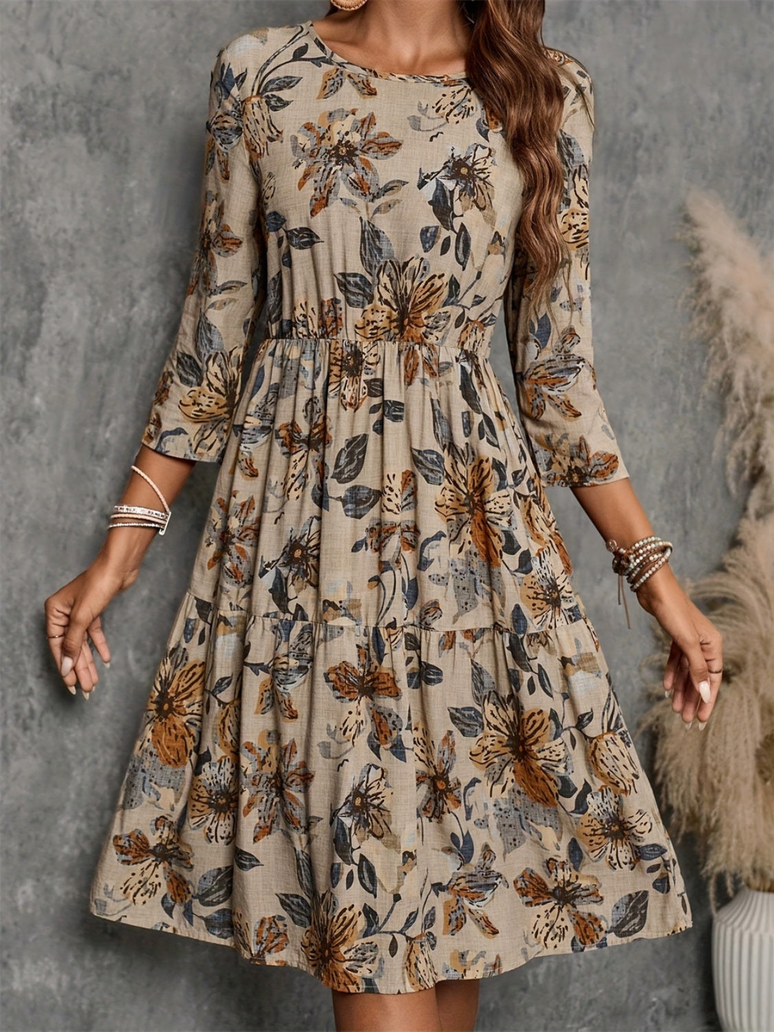 Printed Round Neck Three-Quarter Sleeve Dress Khaki