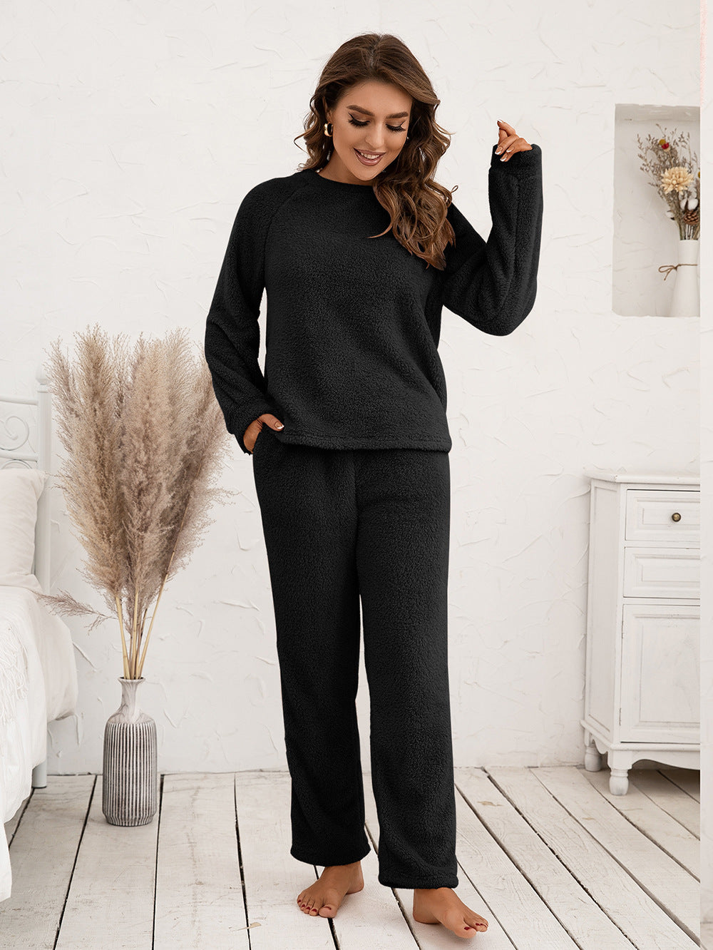 Ivy Lane Teddy Long Sleeve Top and Pants Lounge Set Black