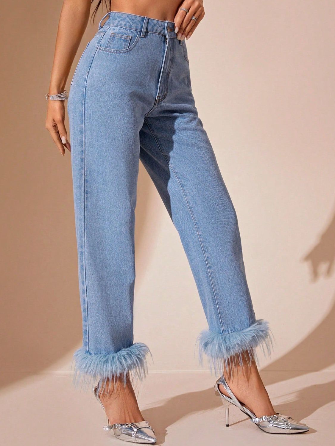 Plush Hem High Rise Straight Jeans Light