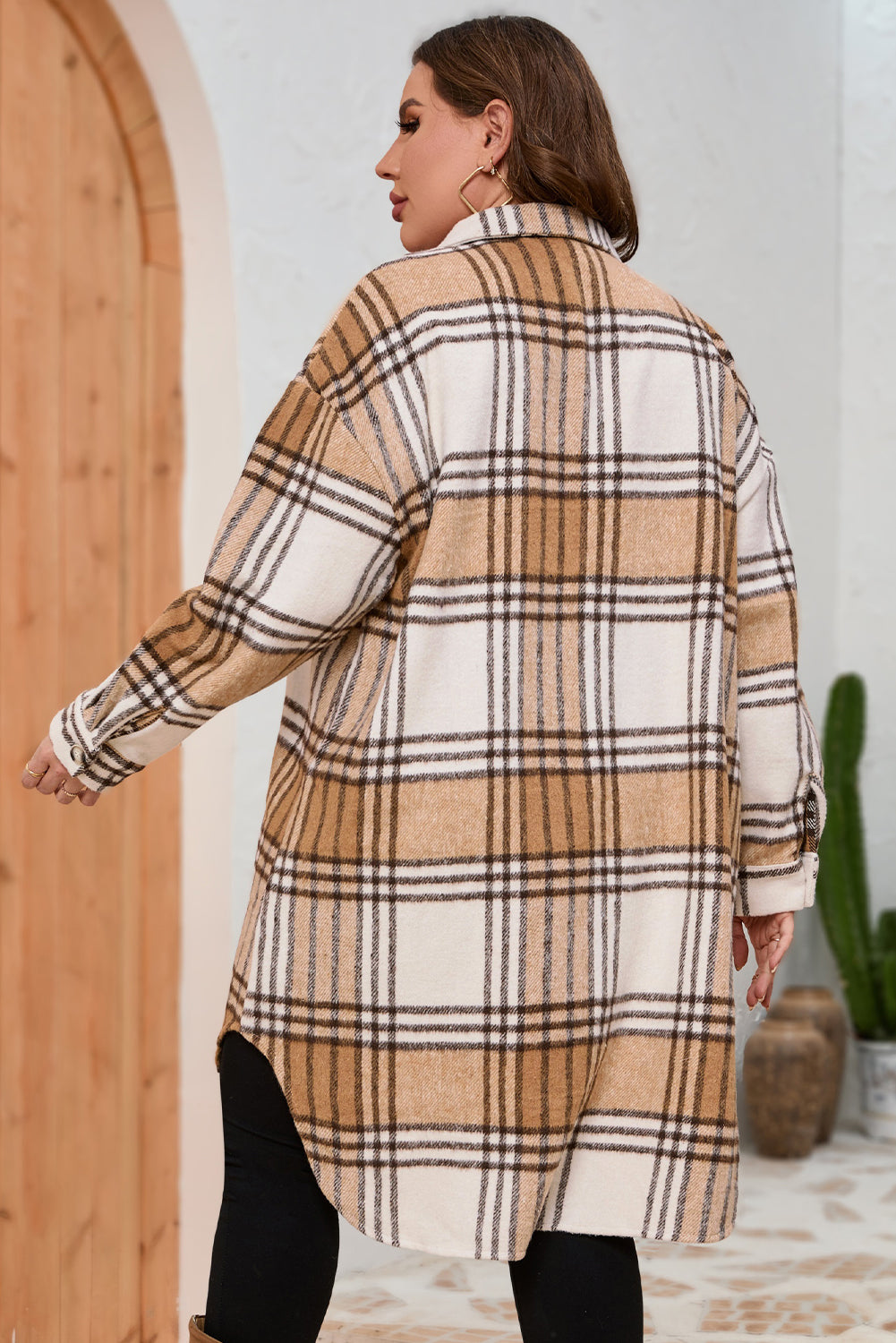 Khaki Plus Size Plaid Chest Pockets Long Shacket