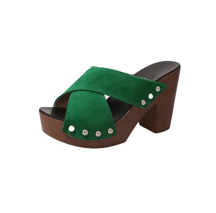 Square High Heel Platform Women's Summer Sandals: Elegant Rivet Pumps Green 6