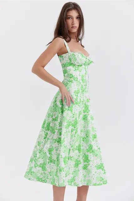 Sleeveless Elegant Flowers Dress Green Floral L