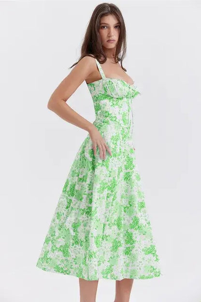 Sleeveless Elegant Flowers Dress Green Floral L