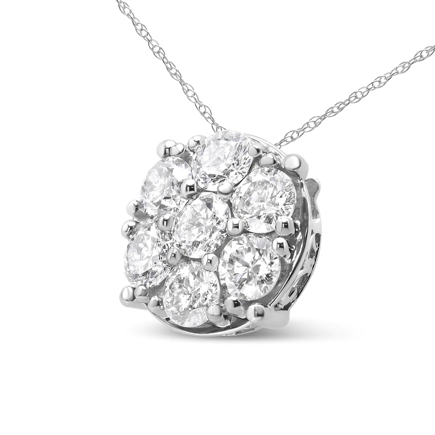 14K White Gold 2 1/3 Cttw Diamond 7 Stone Floral Cluster 18" Pendant Necklace (H-I Color, I1-I2 Clarity)