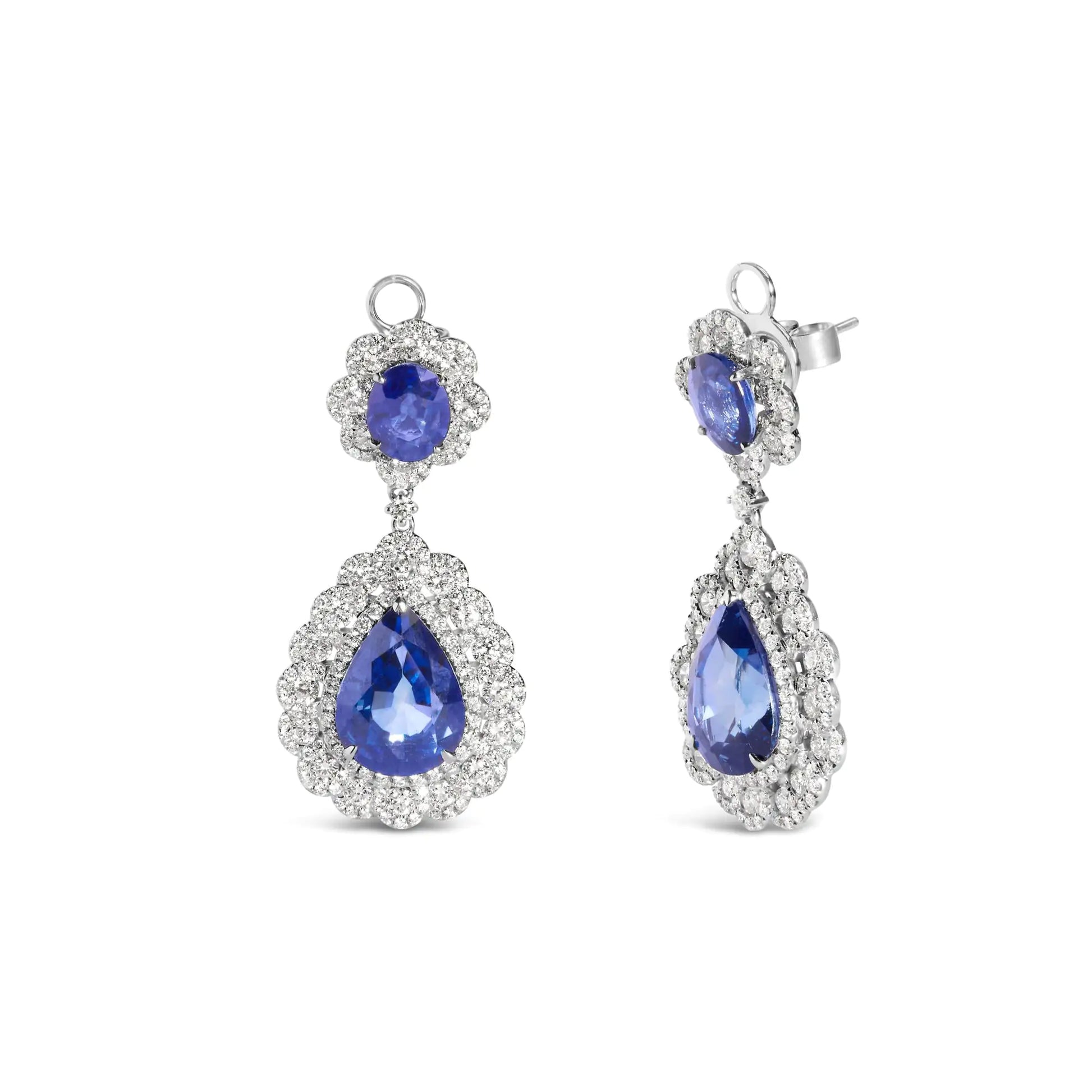 18K White Gold 25.0 Cttw Blue Sapphire and Diamond 4 5/8 Cttw Diamond Halo Dangle Earring (G-H Color, SI1-SI2 Clarity)