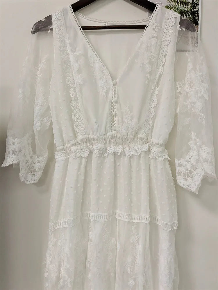 Hollow Out White Dress Sexy Women Lace Long Dress