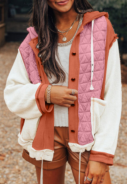 Drawstring Texture Button Up Long Sleeve Hooded Jacket Dusty Pink