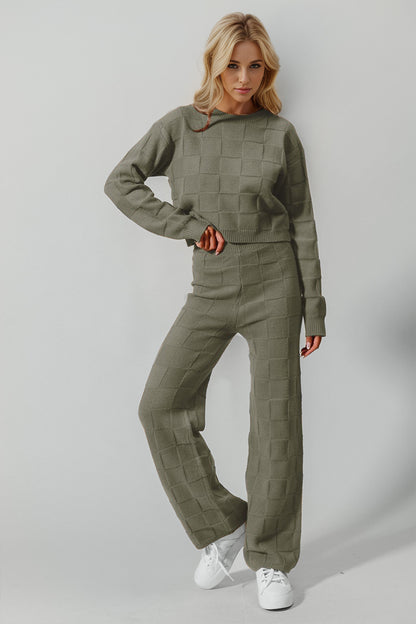 Double Take Full Size Checkered Round Neck Top and Pants Set Matcha Green