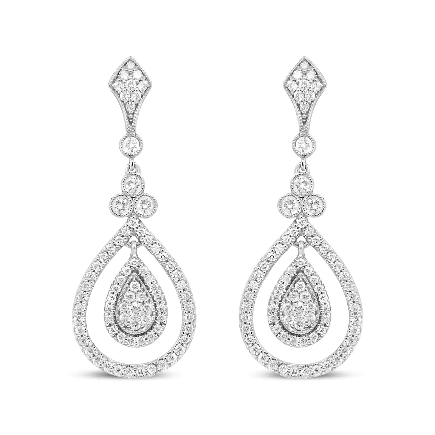 18K White Gold 1 1/4 Cttw Round Diamond Openwork Teardrop-Shaped Dangle Earrings (F-G Color, VS1-VS2 Clarity)