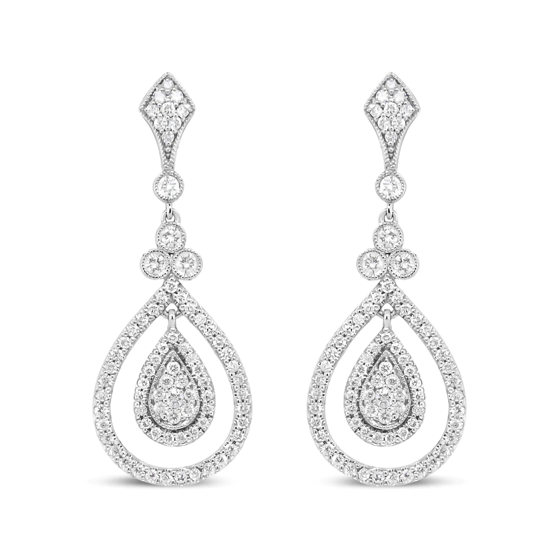 18K White Gold 1 1/4 Cttw Round Diamond Openwork Teardrop-Shaped Dangle Earrings (F-G Color, VS1-VS2 Clarity)