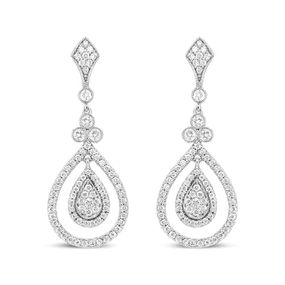 18K White Gold 1 1/4 Cttw Round Diamond Openwork Teardrop-Shaped Dangle Earrings (F-G Color, VS1-VS2 Clarity)