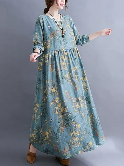 Floral Print Long Sleeve Dresses Blue L