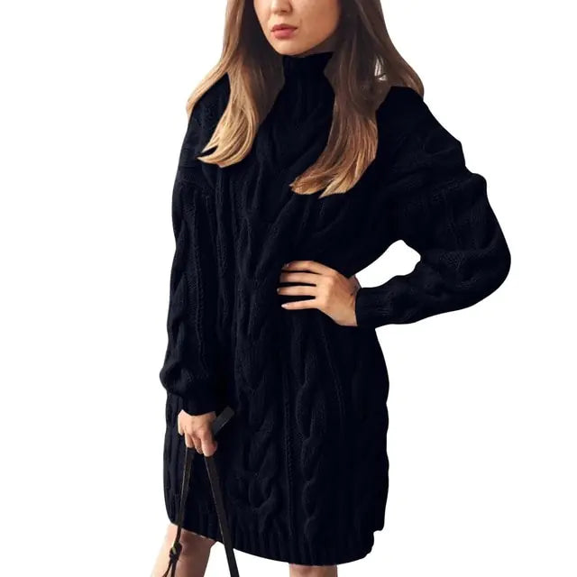 Turtleneck Twist Knitted Sweater Dress Black2 M