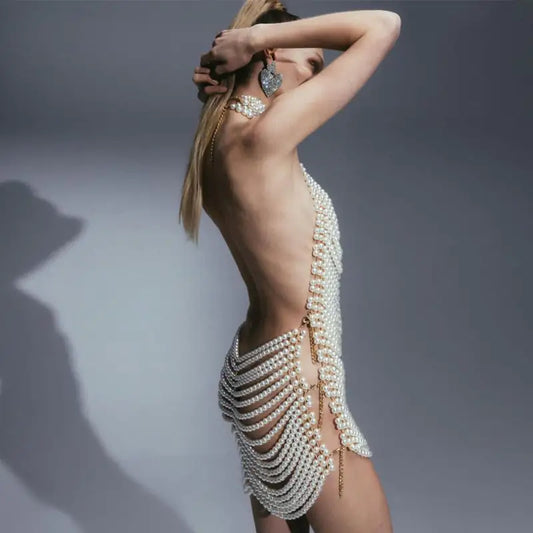 Backless Hollow Dress with Pearl Details for Women