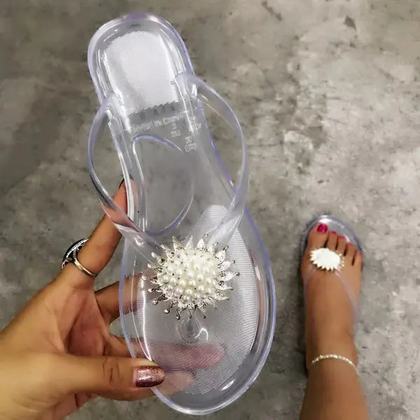 Tongs d'été à fleurs et perles pour femmes