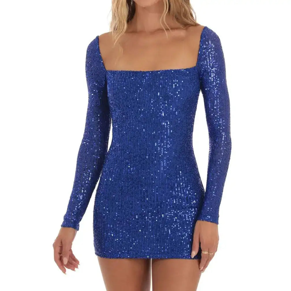 Sequin Long Sleeve Mini Dress Blue S