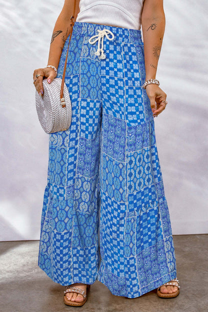 Full Size Drawstring Printed Wide Leg Pants Blue