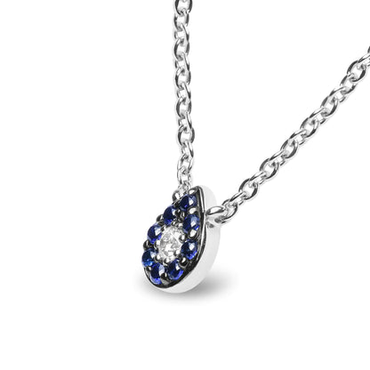 18K White Gold Diamond Accent and 1mm Round Blue Sapphire Gemstone Halo Teardrop Pendant Necklace (G-H Color, SI1-SI2 Clarity) - Adjustable up to 15.5" - 17"