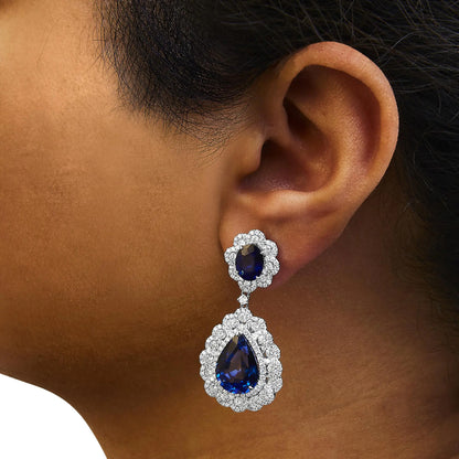 18K White Gold 25.0 Cttw Blue Sapphire and Diamond 4 5/8 Cttw Diamond Halo Dangle Earring (G-H Color, SI1-SI2 Clarity)