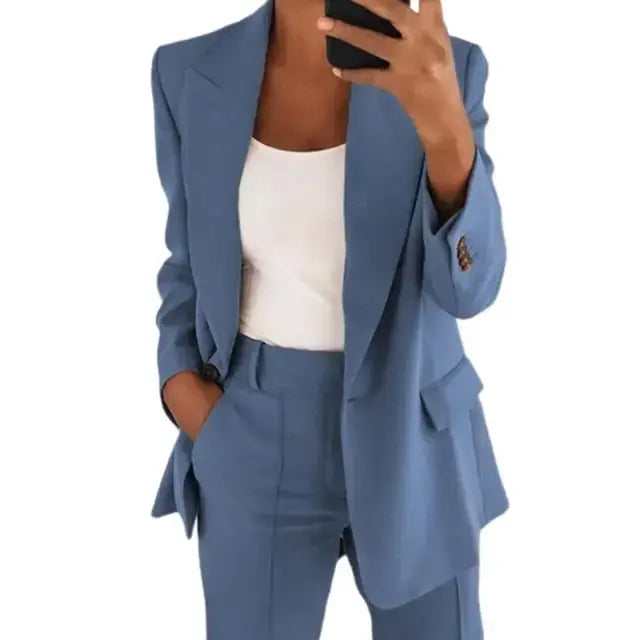 Solid Color Blazer Long Sleeve Blue 2XL