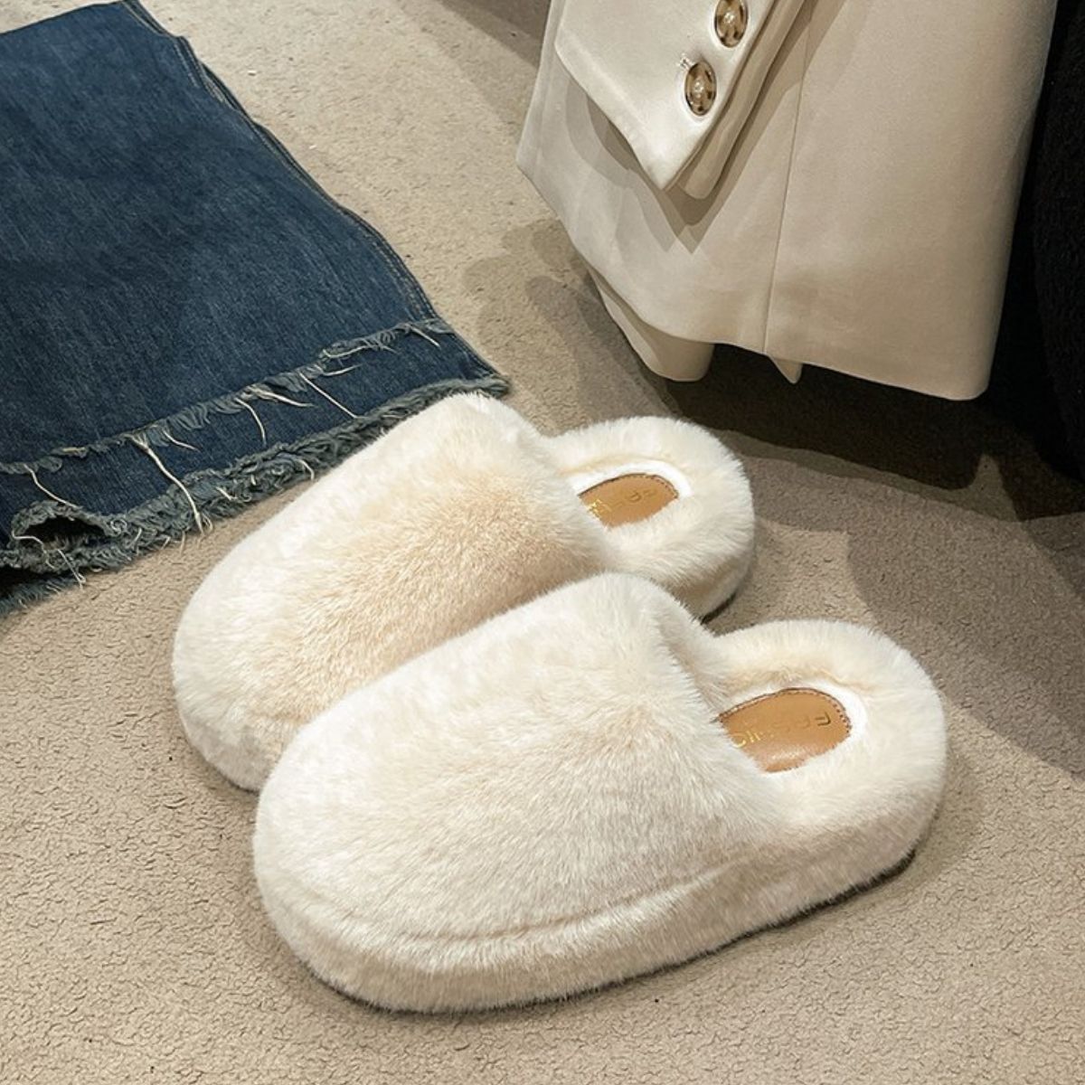 Fuzzy Round Toe Flat Slippers Ivory