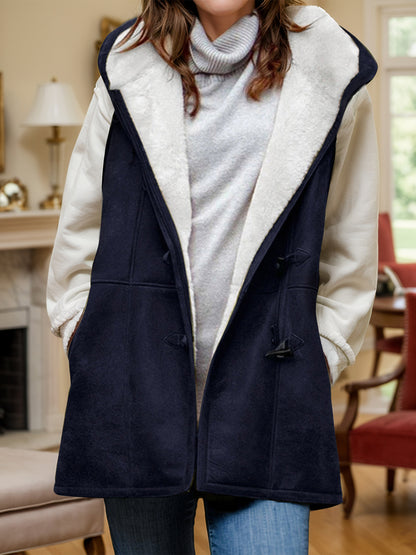 Fuzzy Hooded Vest Coat with Pockets Navy