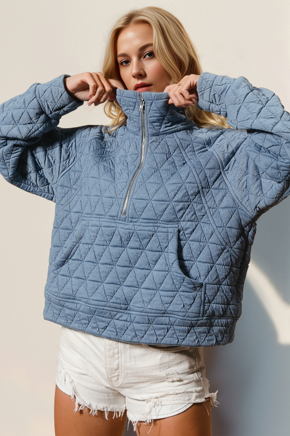 Double Take Half Zip Long Sleeve Quilted Sweatshirt with Pocket Light Blue