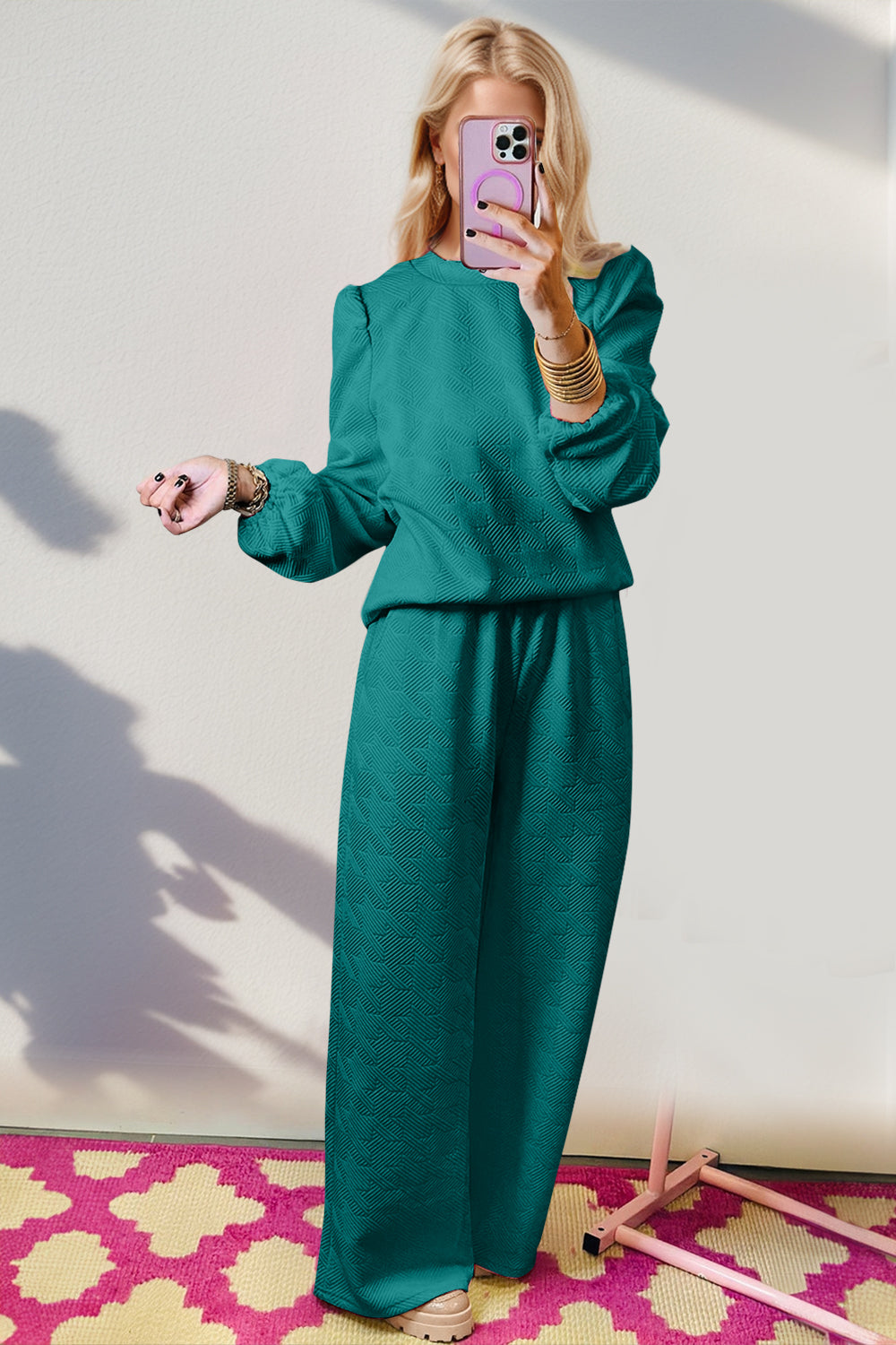 Double Take Texture Long Sleeve Top and Wide Leg Pants Set Teal