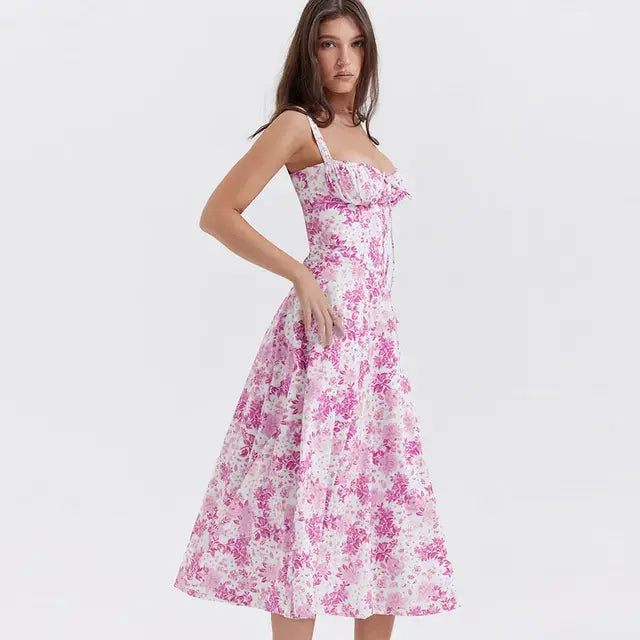 Summer Floral A-line Dress White Rose Red S