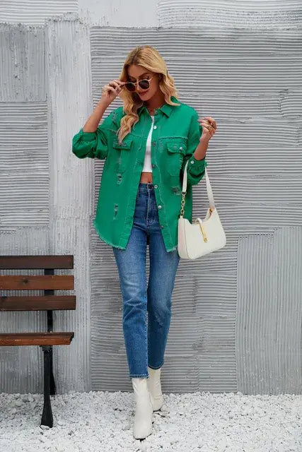 Washed Denim Jacket for Women Green S