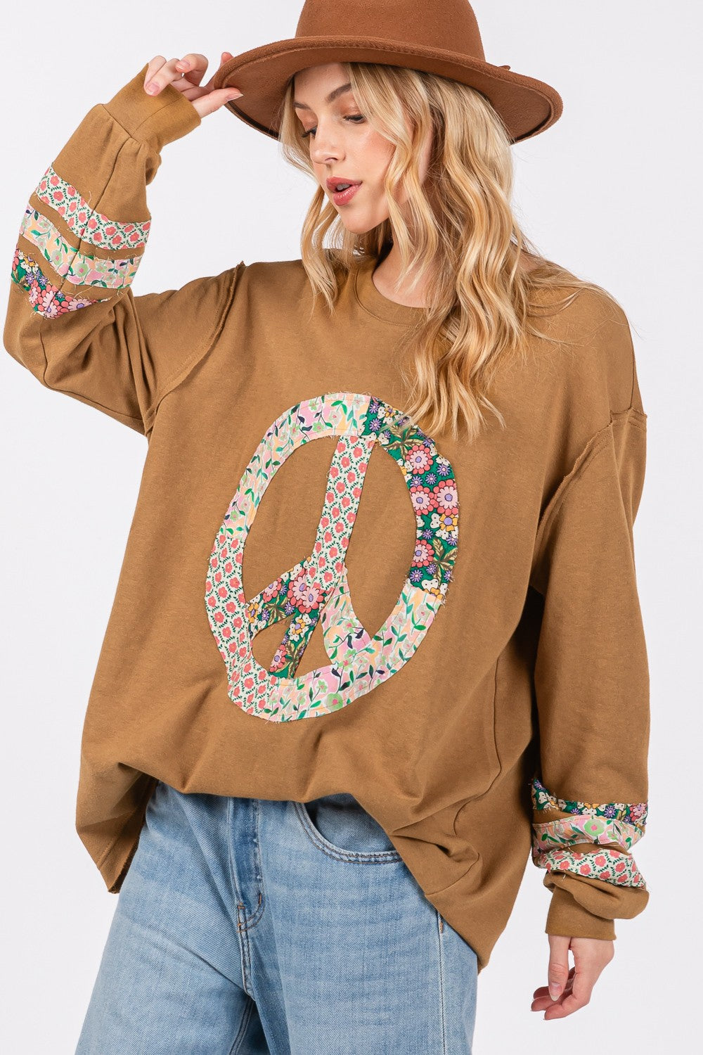 SAGE + FIG Peace Applique Patch Long Sleeve Top Bronze