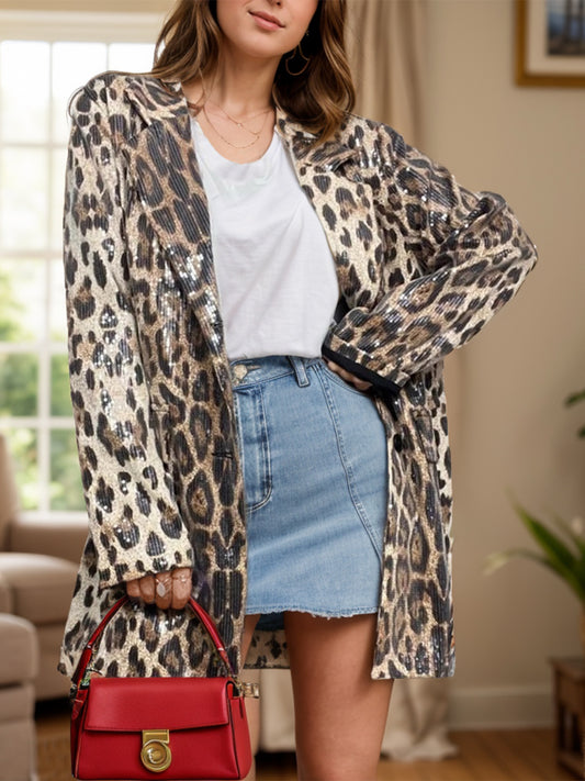 Leopard Lapel Collar Long Sleeve Longline Blazer Leopard