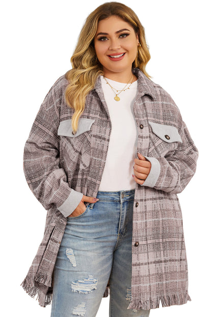 Pink Plus Size Macrame Plaid Coat