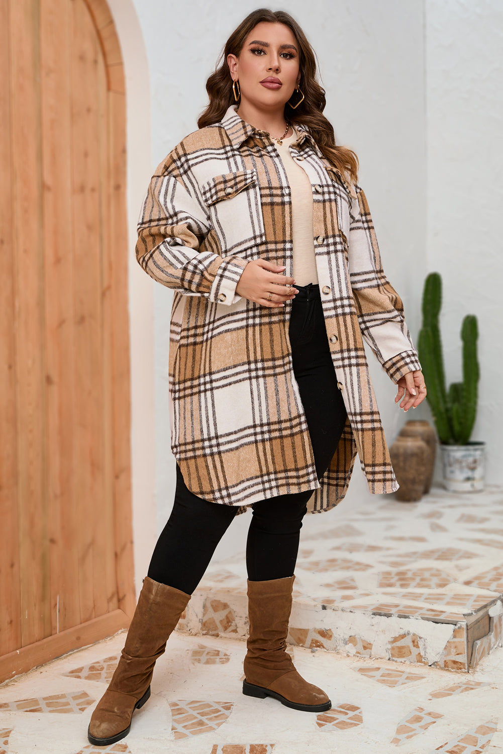 Khaki Plus Size Plaid Chest Pockets Long Shacket