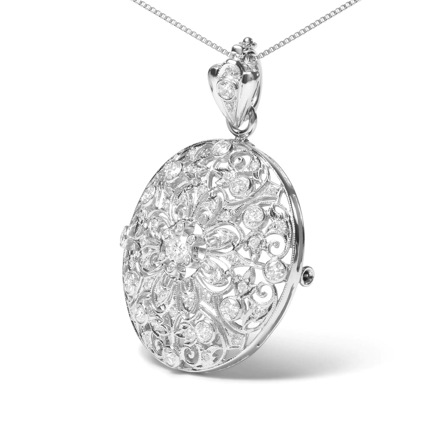 18K White Gold 1 5/6 Cttw Diamond Cluster Floral Filigree Brooch Pin and 18" Pendant Necklace (G-H Color, I1-I2 Clarity)