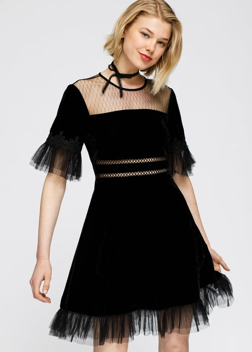 Women's Mesh Contrast Velvet Dress In Black Black