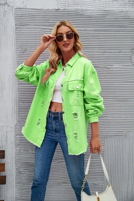 Washed Denim Jacket for Women Apple Green XL