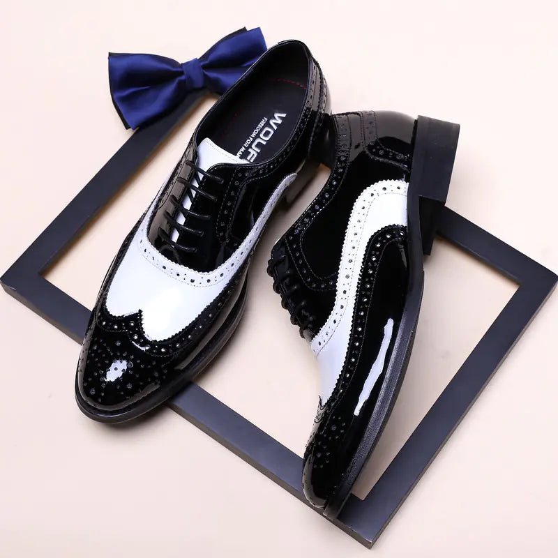 Men's Black and White Pointed Toe Leather Shoes